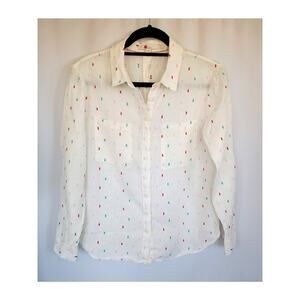 Boden‎ White Linen Colorful Dots Boyfriend Button Down Shirt Size 4 Petite